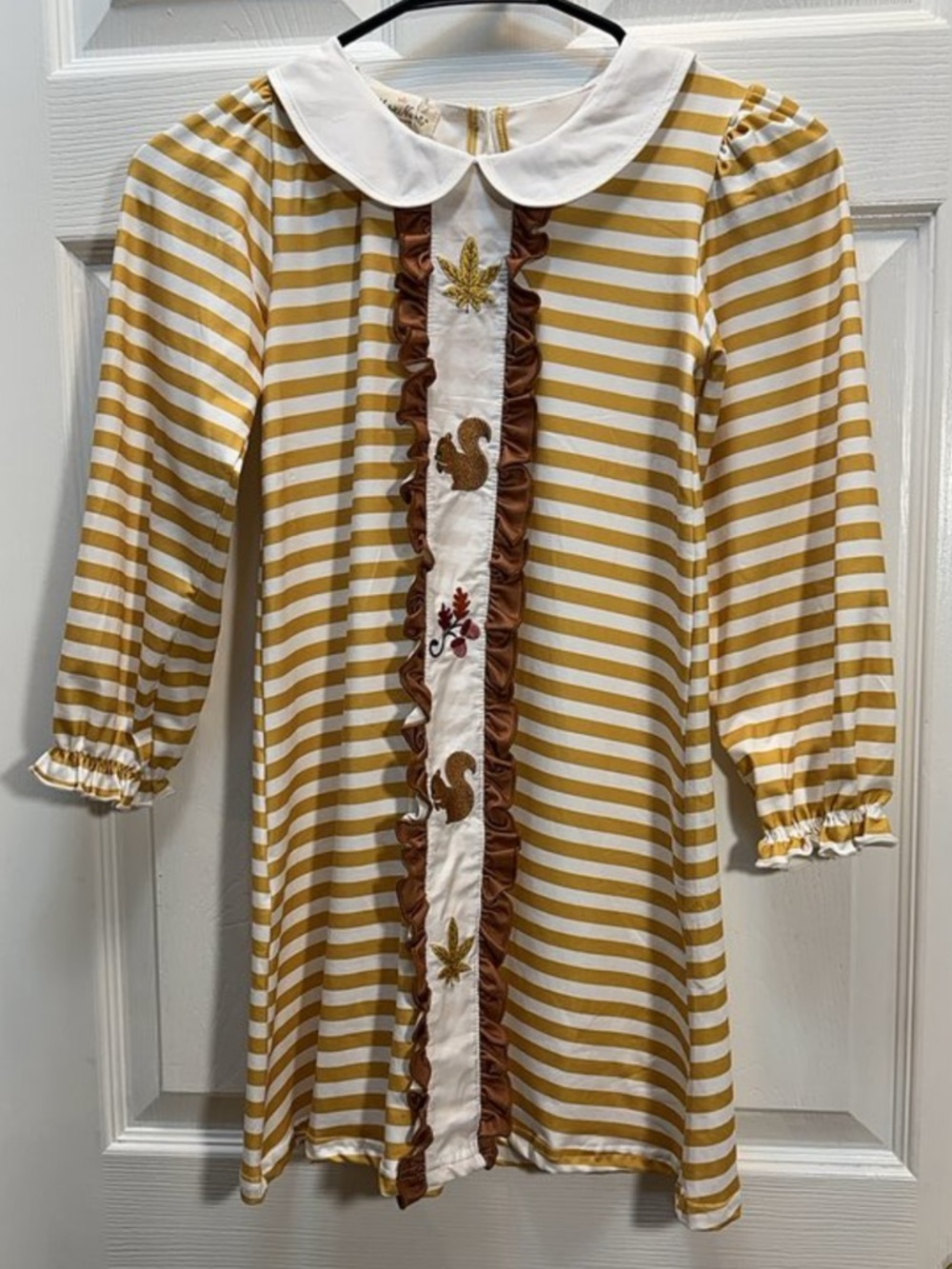 Marie Nicole Mustard Yellow & White Striped Fall Kids Dress with Embroidery